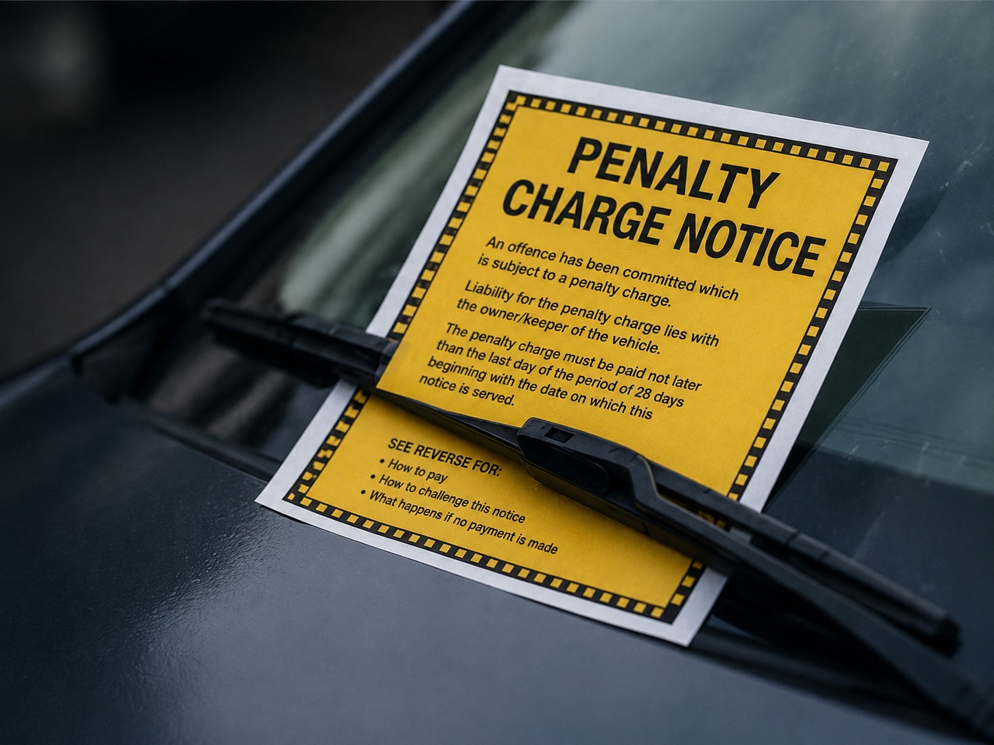 Illustrative parking notice under a vehicle windscreen wiper